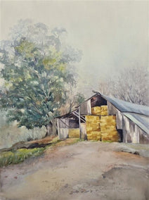 watercolor painting by Catherine McCargar titled Misty Morning on the Farm