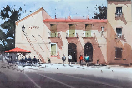 watercolor painting by Swarup Dandapat titled The Cafe in Shade