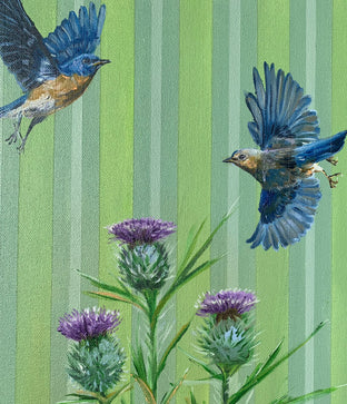 Bluebird Flight with Thistles by Alana Clumeck |   Closeup View of Artwork 