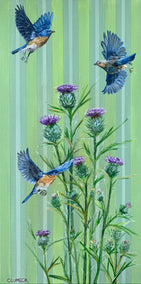 oil painting by Alana Clumeck titled Bluebird Flight with Thistles