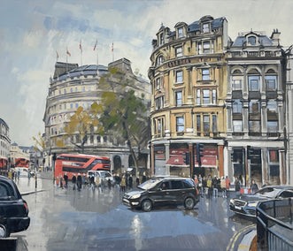 oil painting by Andrew Hird titled Around Trafalgar Square