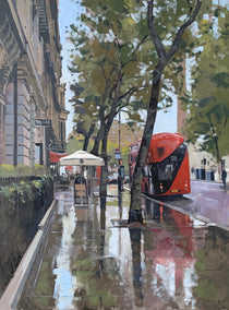 oil painting by Andrew Hird titled Northumberland Avenue, April Showers