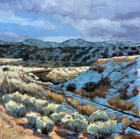 acrylic painting by Heather Foster titled Tracks to Lamy in Early Spring