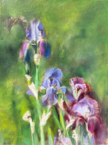 oil painting by Hilary Gomes titled Purple Irises