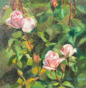 oil painting by Hilary Gomes titled Three Light Pink Rose Buds