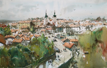 watercolor painting by Maximilian Damico titled Moravian Village