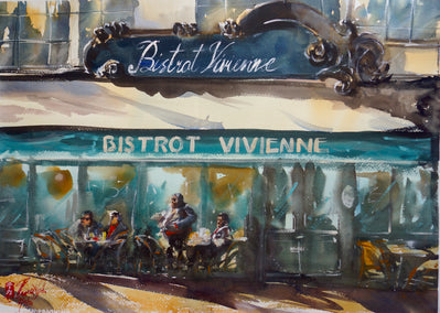 watercolor painting by James Nyika titled Le Bistrot Vivienne