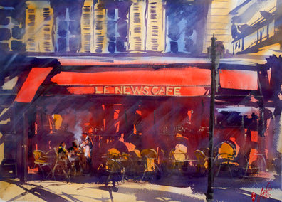 watercolor painting by James Nyika titled Le News Cafe