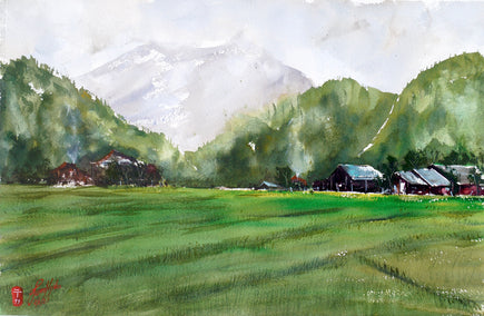 watercolor painting by James Nyika titled Rice Field