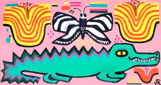 acrylic painting by Jessica JH Roller titled Alligator and Butterfly