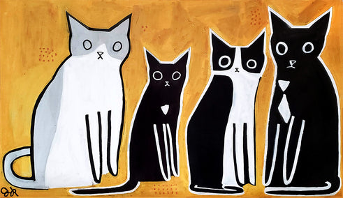 acrylic painting by Jessica JH Roller titled Four Cats