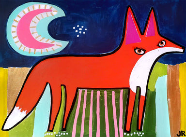 acrylic painting by Jessica JH Roller titled Fox Under Pink Moon