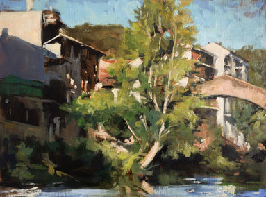 oil painting by Jonelle Summerfield titled Along the River in Estella, Spain