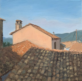 oil painting by Karen d’Angeac Mihm titled The Rooftops of Corfu