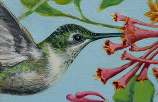 Hummingbird in the Honeysuckle by Mary Beatty-Brooks |   Closeup View of Artwork 