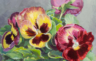 Yellow, Red and Purple Pansies by Mary Beatty-Brooks |   Closeup View of Artwork 