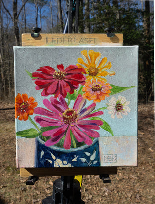 Zinnias in a Blue Mug by Mary Beatty-Brooks |  Context View of Artwork 