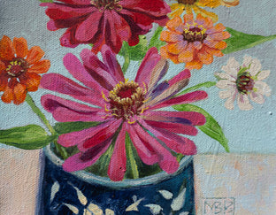 Zinnias in a Blue Mug by Mary Beatty-Brooks |   Closeup View of Artwork 