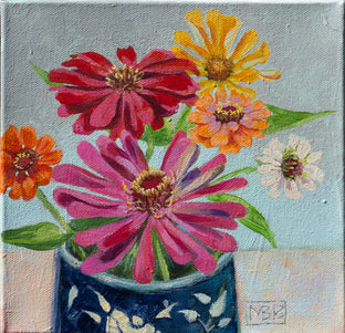 Zinnias in a Blue Mug by Mary Beatty-Brooks |  Artwork Main Image 