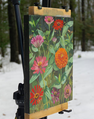 Zinnias on Dark Background by Mary Beatty-Brooks |  Side View of Artwork 