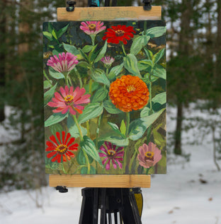 Zinnias on Dark Background by Mary Beatty-Brooks |  Context View of Artwork 