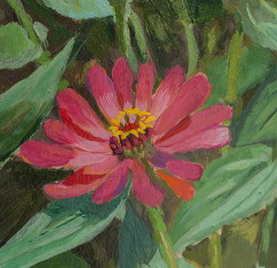 Zinnias on Dark Background by Mary Beatty-Brooks |   Closeup View of Artwork 