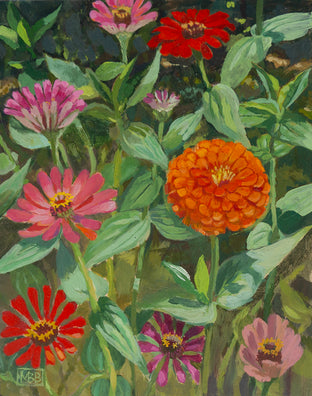 Zinnias on Dark Background by Mary Beatty-Brooks |  Artwork Main Image 