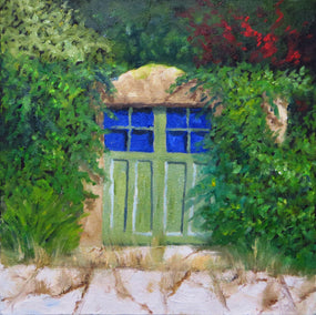 oil painting by Mitchell Freifeld titled Green Garage Doors