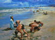 Original art for sale at UGallery.com | Sand Crab Competition by Onelio Marrero | $1,125 | oil painting | 18' h x 24' w | thumbnail 1