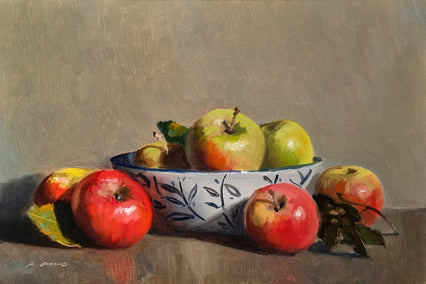 oil painting by Pascal Giroud titled Pommes et Bol