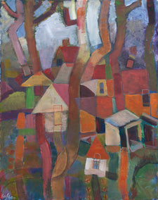 acrylic painting by Robert Hofherr titled Wooded Village