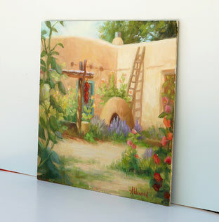 Kiva and Hollyhocks by Sherri Aldawood |  Side View of Artwork 