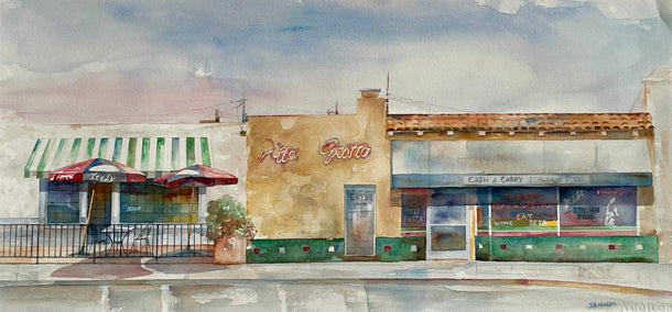 watercolor painting by Thomas Hoerber titled Pizza Grotto