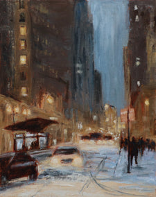 oil painting by Yangzi Xu titled Evening Snowfall in the City