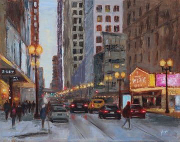 oil painting by Yangzi Xu titled Twilight in the Loop