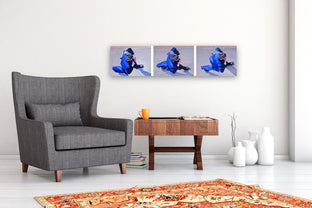 Man in Blue Suit Walking in Paris Triptych by Warren Keating |  In Room View of Artwork 