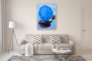 Aerial View of Couple under Blue Umbrella in Paris Rain by Warren Keating |  In Room View of Artwork 