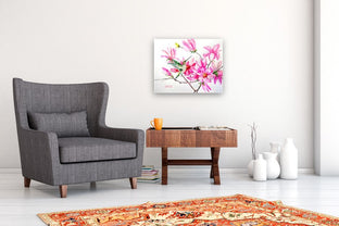 Hummingbird and Pink Magnolia Flowers by Suren Nersisyan |  In Room View of Artwork 