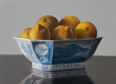 oil painting by Daniel Caro titled Lemons in a Chinese Porcelain