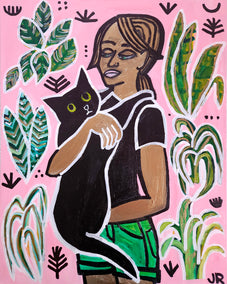 acrylic painting by Jessica JH Roller titled Girl with Black Cat and Plants