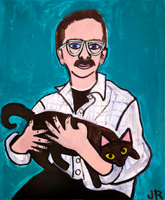 acrylic painting by Jessica JH Roller titled Man Holding a Cat