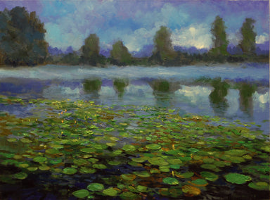 oil painting by Onelio Marrero titled Morning Mist and Lilies