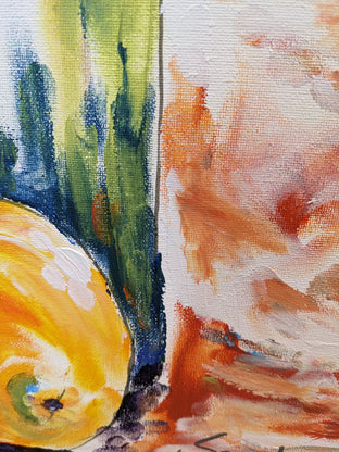 Two Bottles and an Orange by Samuel Pretorius |   Closeup View of Artwork 