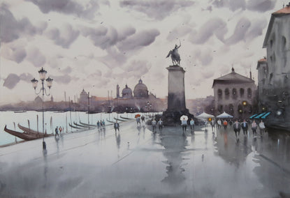 watercolor painting by Swarup Dandapat titled Man on the Horse, Venice Waterfront