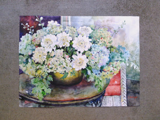 Dahlias and Hydrangeas in Brass Vase by Catherine McCargar |  Context View of Artwork 