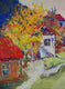 Original art for sale at UGallery.com | Yellow Fall Tree and Old Houses by Suren Nersisyan | $275 | oil painting | 12' h x 9' w | thumbnail 1
