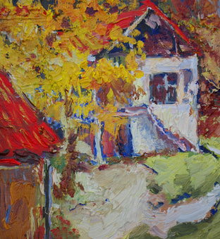Yellow Fall Tree and Old Houses by Suren Nersisyan |   Closeup View of Artwork 