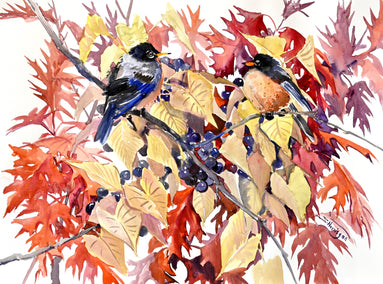 watercolor painting by Suren Nersisyan titled American Robins and Fall Foliage