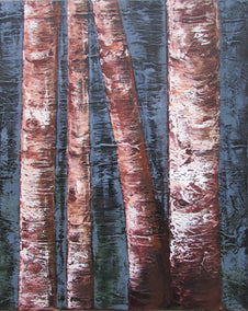 oil painting by Valerie Berkely titled Four Birch Trunks