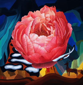 oil painting by Guigen Zha titled One Blossom One World. Peony & Deer III